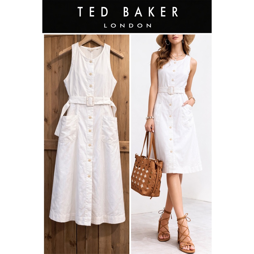 Ted Baker London Jancita White Linen Blend Button Front Belted Midi Dress Size 6